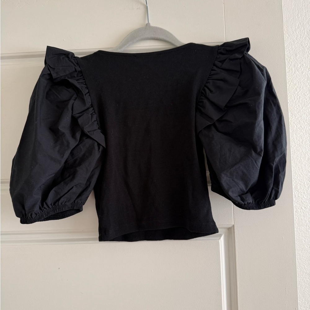 Zara Black Puff Sleeve Crop Top Size Small - Picture 2 of 3